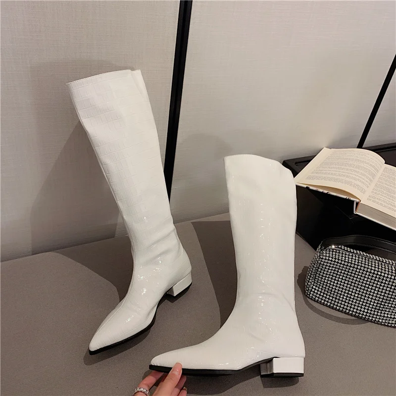 

2021 New Faux Leather Women Knee High Boots Pointed Toe Square High Heel Ladies Long Boot Stone Pattern Women Shoes Black White