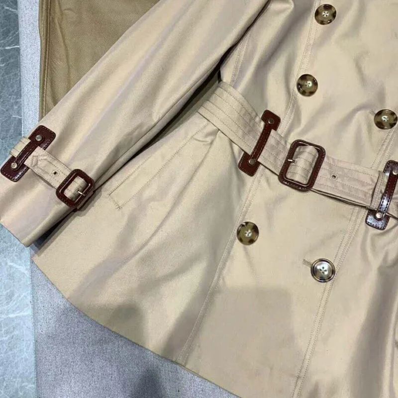 

Autumn new British style waterproof cotton leather strap double-breasted flapped lapel trench coat for women