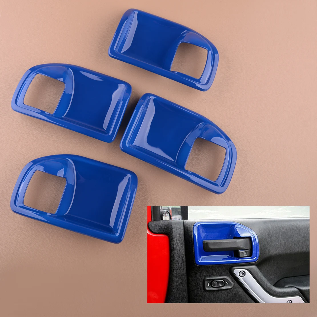 

4 шт./компл. синяя крышка для внутренней двери автомобильной ручки, подходит для Jeep Wrangler JK 2011 2012 2013 2014 2015 2016 2017