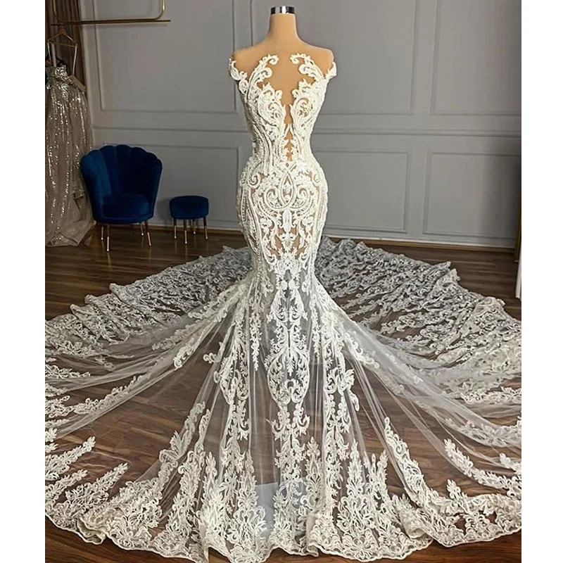 

Vintage Full Lace Illusion Bridal Wedding Dresses 2020 Sheer Neck Sleeveless Court Train Zipper Back Custom Made Wedding Gowns