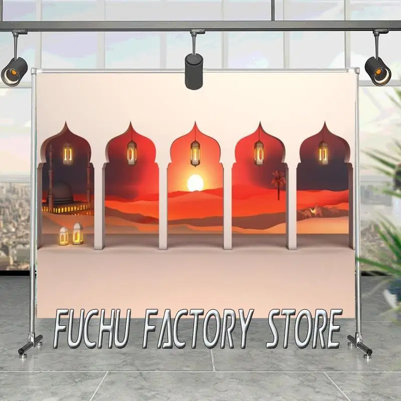 

Фон для фотосъемки с изображением старой арки двери пустыни верблюда подписчика фонаря мечети Рамадана