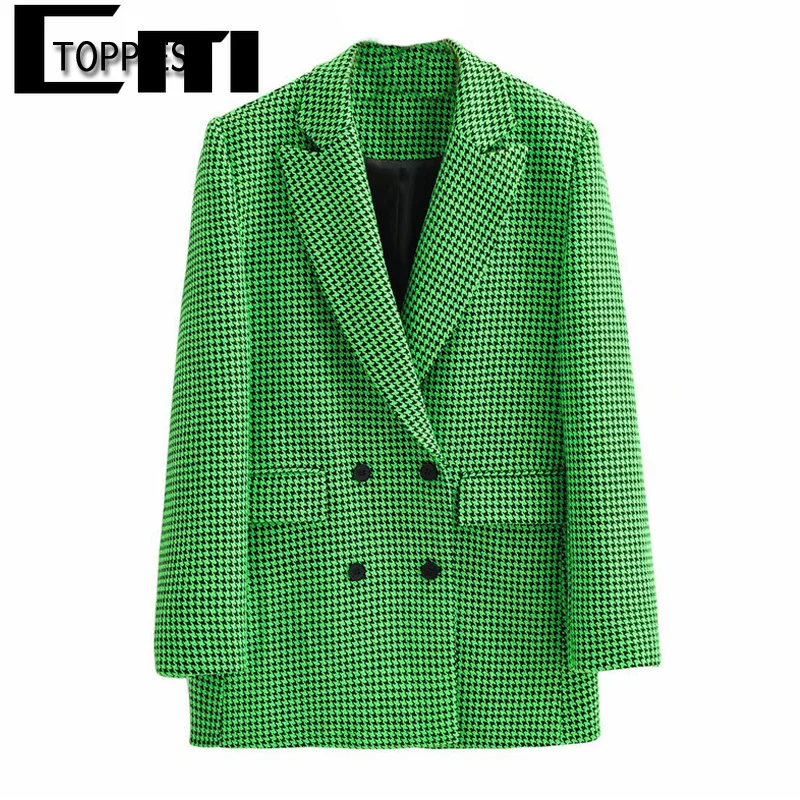 

Toppies 2021 Green Plaid Long Blazer Leisure Double Breasted Woolen Suit Jacket Notched Collar Female Vintage Houndstooth Coat