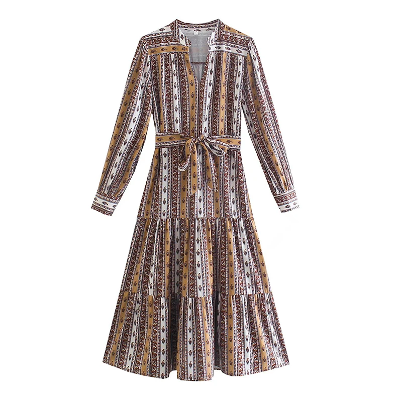 

Women Autumn Vintage Print Dress 2021 Print Floral V-Neck Floral Print Sashes Bow Tie Female Elegant Trumpet Dresses Vestidos