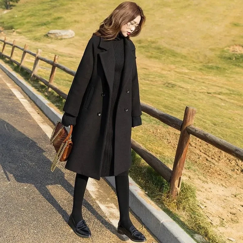 

Женское двубортное шерстяное пальто, черное твидовое пальто средней длины с длинным рукавом, в Корейском стиле, Осень-зима 2021