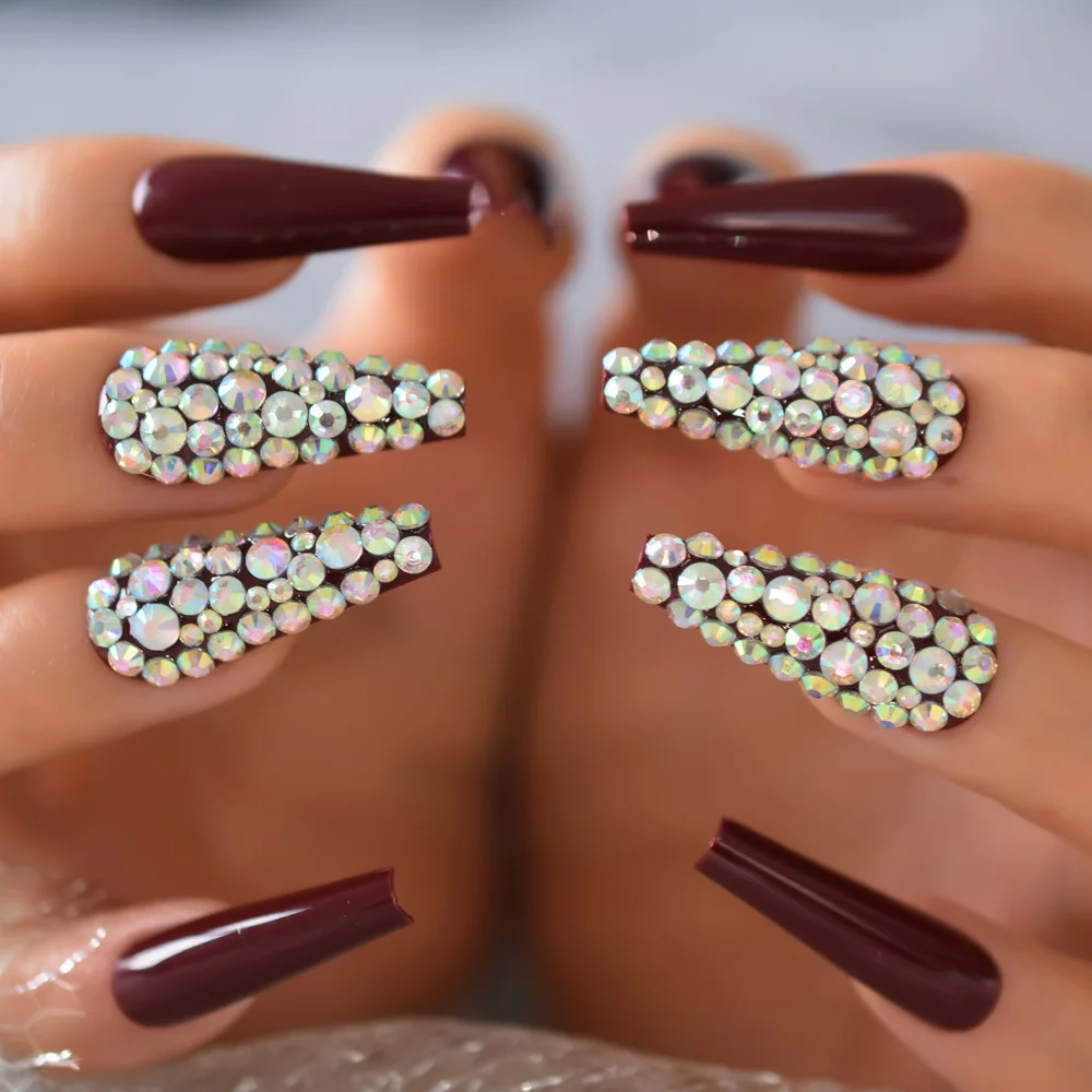

Deep Red Beauty Nail Tips Strass Surface Press On Nail Extra Long Coffin Shape Fake Nails With Adhesive Tabs