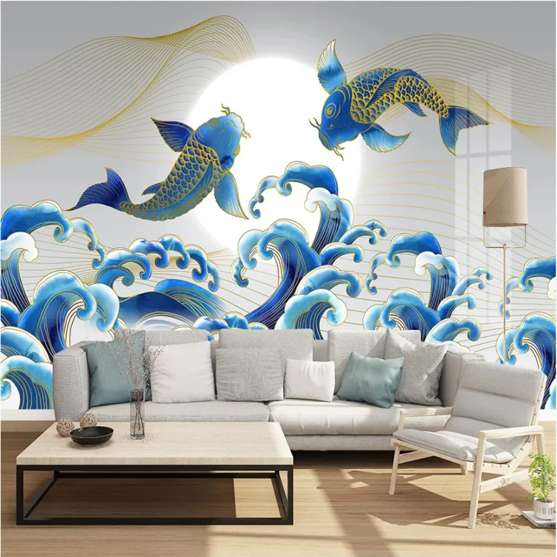 Китайские водопроводные волны спрей Sunrise Fishs синие чернила Настенные обои для