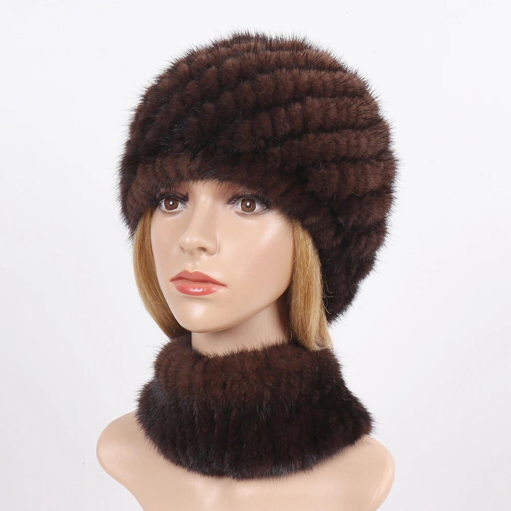 2021 Новая женская зимняя вязаная меховая шапка из натуральной норки шарф