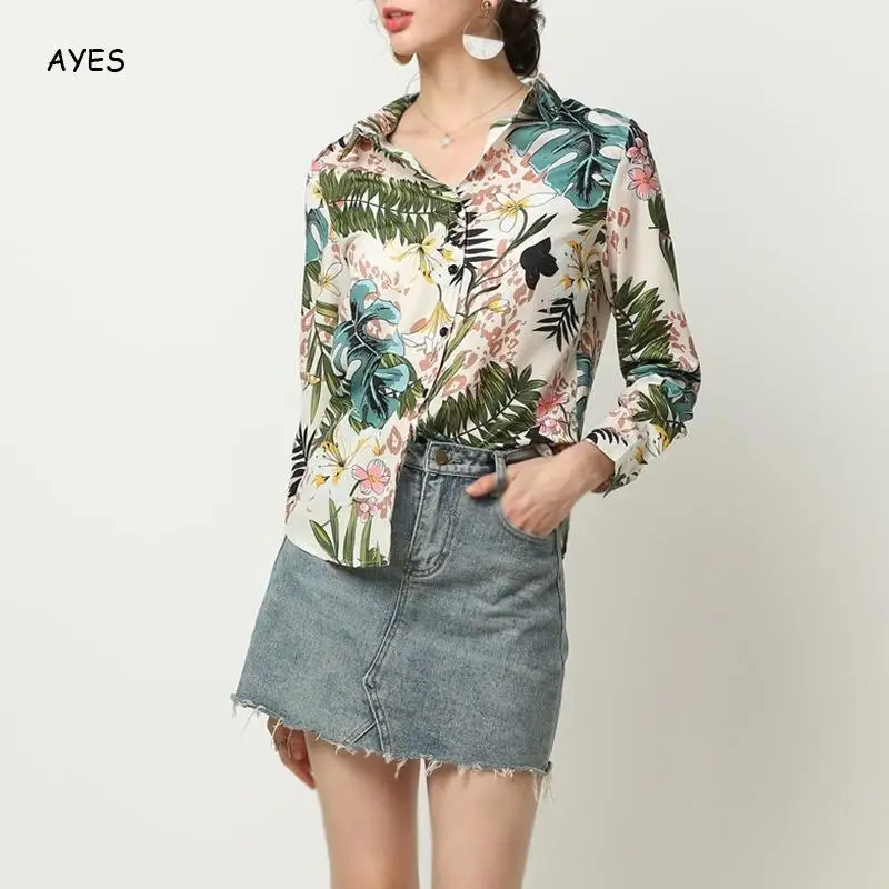 

Блузка женская в стиле ретро, шикарная рубашка в стиле бохо с принтом листьев, цветов, на пуговицах, модный топ свободного кроя с длинным рук...