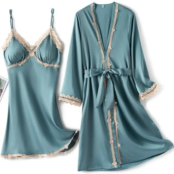 

Кимоно женское атласное с кружевной отделкой, Свадебный комплект из двух предметов, одежда для сна для невесты и подружки невесты, пикантна...