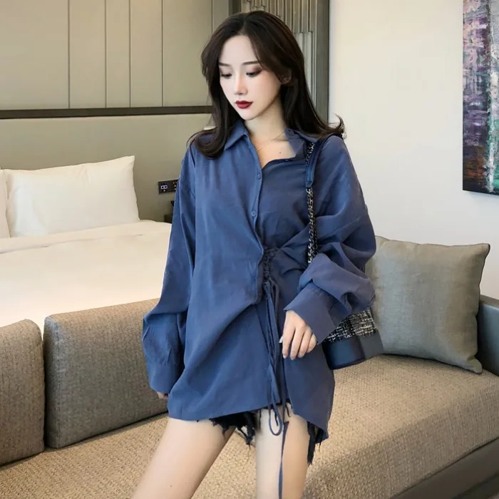 [EWQ] 2020 Speing New Long Sleeve Drawstring Single-Breasted Design Women Shirt Jacket Korean Oversized Ladies Blouse Tops QX165 | Женская