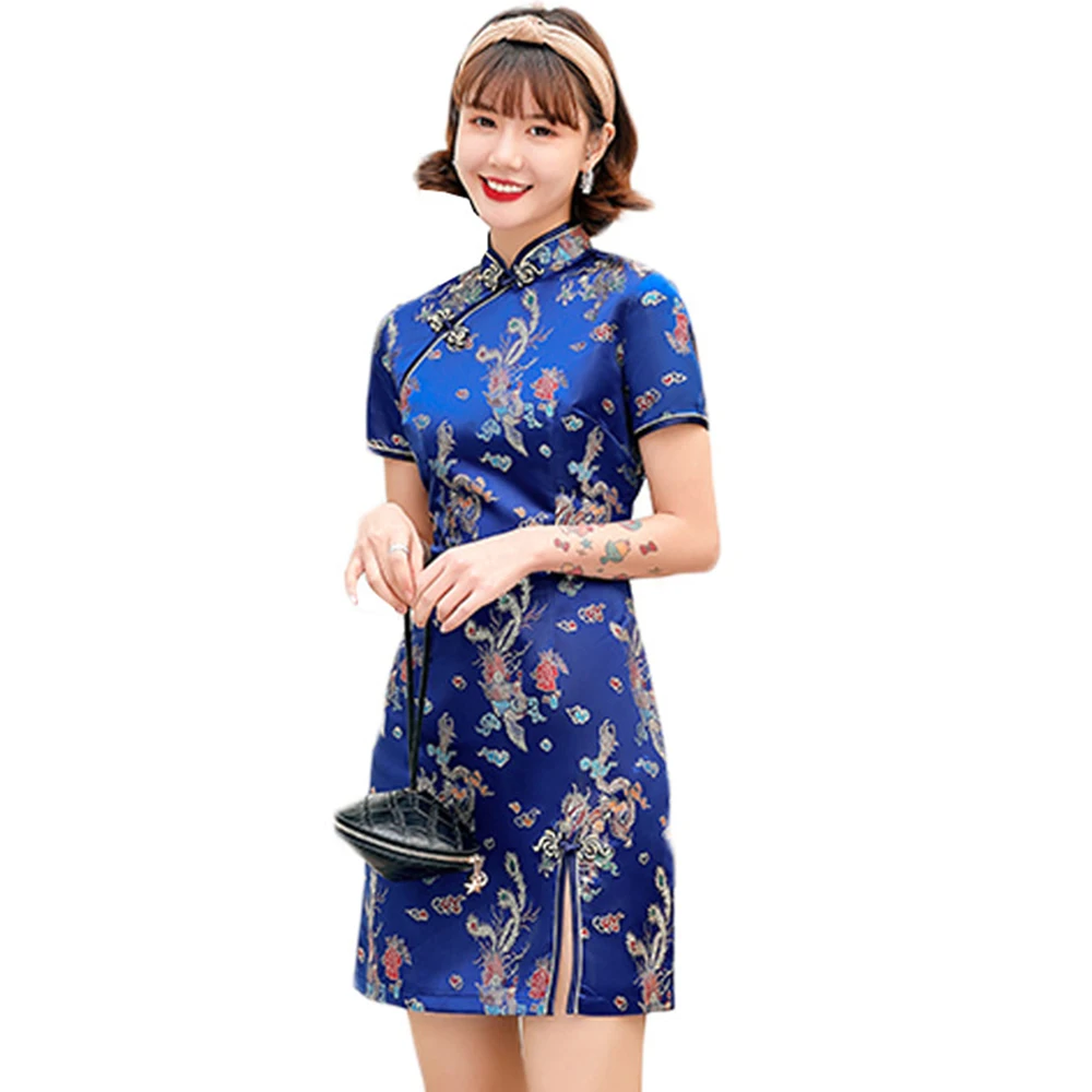 

Costumes Women Sexy Cheongsam Short Qipao Dragon&Phoenix Print Evening Party Soft Traditional Jacquard Chinese Dress 2021 New