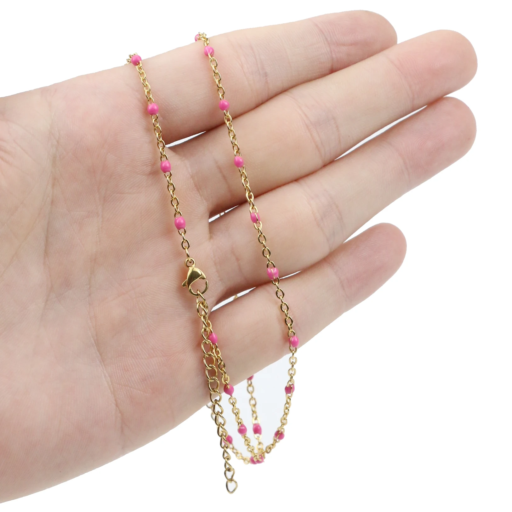 Gold Pink Ожерелье-чокер из нержавеющей стали с золотым покрытием, эмаль, спутниковый бисерный кабельный шар, цепочка, колье, DIY ожерелья и ювелирные изделия - Окраска металла: Gold Pink