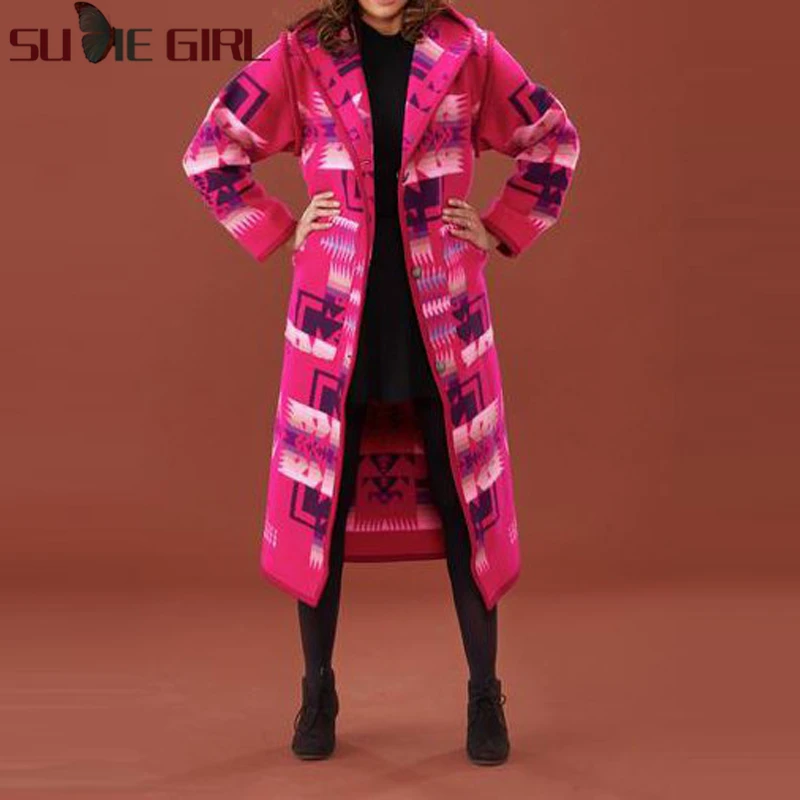 

Autumn&Winter Women Elegant Print Coats Wool Blends Hooded Warm Fall Clothes Trench Coat for Women's Clothing