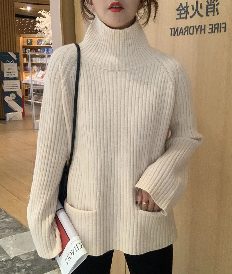 

Women Knitted Turtleneck Sweater Casual Soft Polo-neck Jumper Fashion Slim Femme Black