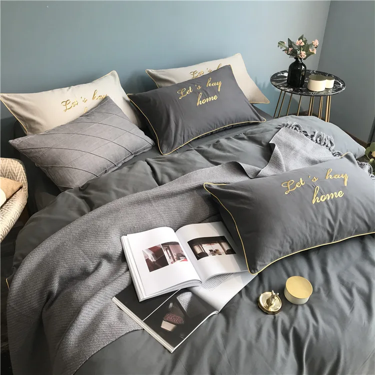 ANNAs хороший набор постельных принадлежностей из чистого хлопка, лаконичная вышивка буквами, постельные принадлежности, утолщенная теплая зимняя пододеяльник, розовая простыня