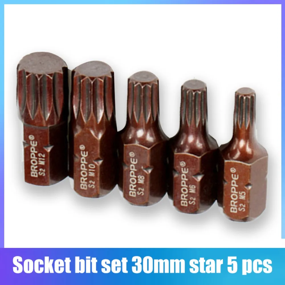

5pcs/Set Screwdriver Bit 30mm Star Head M5 M6 M8 M10 M12 10mm Hex Shank S2 Alloy Steel Magnetic 12 Point Spline Screw Driver Bit