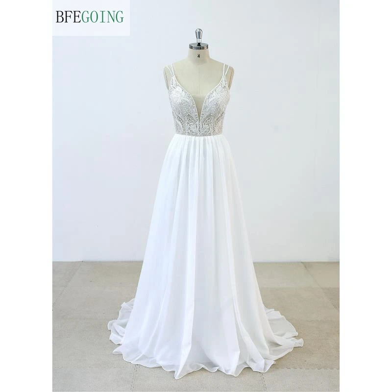 

White Chiffon Lace Beading V-Neck Bridal Gown Spaghetti Straps Floor-Length A-line Wedding Dress Count Train Custom Made