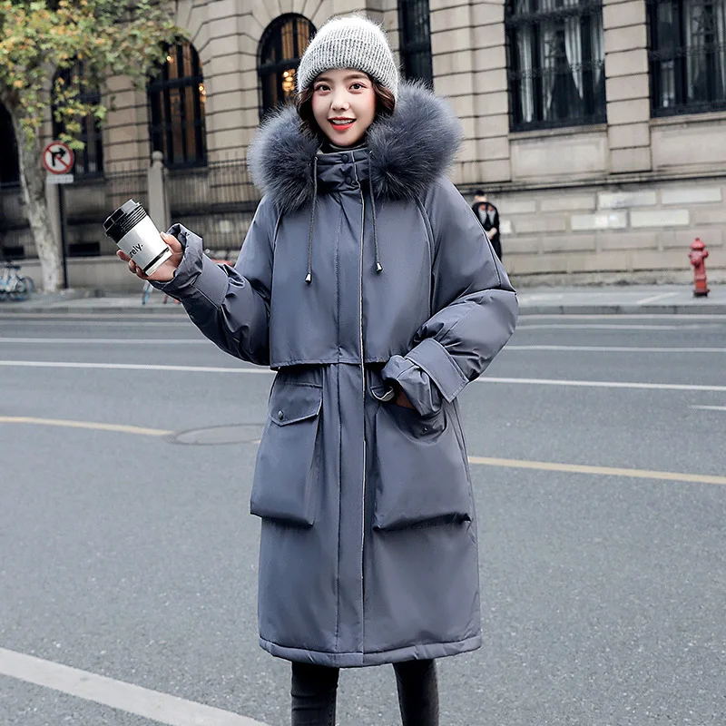 

Large Fur Hooded Winter Women's Down Jacket 90% White Duck Down Jackets Thick Parkas Warm Sash Tie Up Snow Coat Female