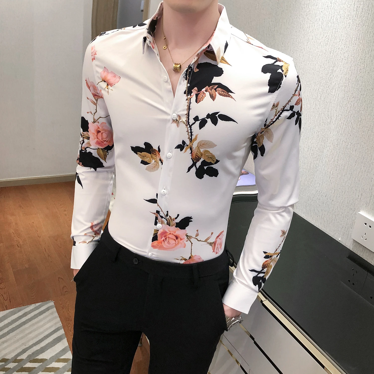 Рубашка мужская с длинным рукавом элегантная блуза цветочным принтом роз