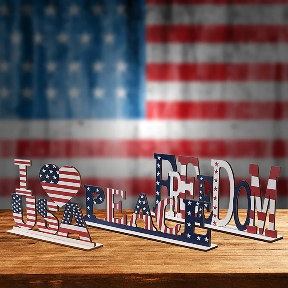 

Independence Day Party Wooden Letter Ornaments Standing Sign Glory Peace Freedom Family Shape Decorative Plaque Table Decoration