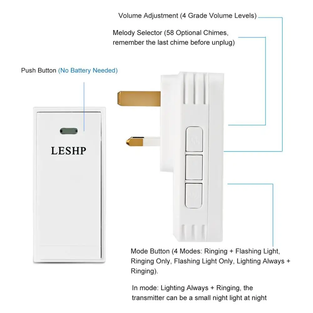 LESHP простой в установке беспроводной музыкальный дверной звонок 150 м дальний