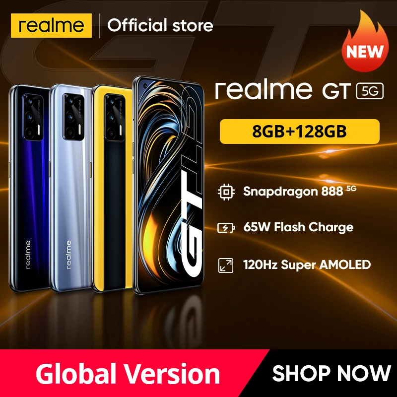  realme GT Global Version Snapdragon 888 65W Super Dart Charge 120Hz 6.43" AMOLED 8GB 128GB NFC 4500mAh Smartphone 