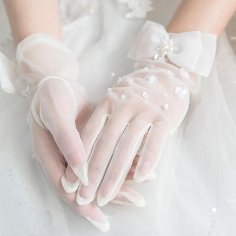 

Wedding Sheer Short Gloves Pearl Sequins Flower Beaded Bowknot Bridal Mittens