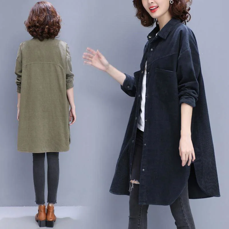 

2021 Autumn New Korean Corduroy Jacket For Women Plus Size 5XL Casual Thin Windbreaker Coat Mid-length Female Blouse Tops