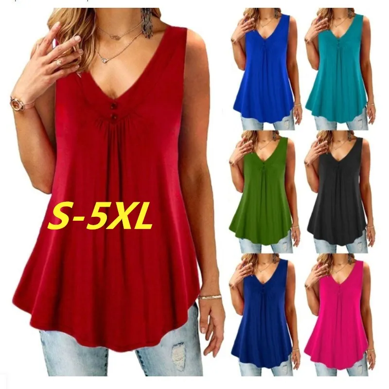 

2021 Summer New T-shirt Women's Fashion Sexy Vest Solid Color V-neck Fold Button Sleeveless Large Size Loose Vest Top