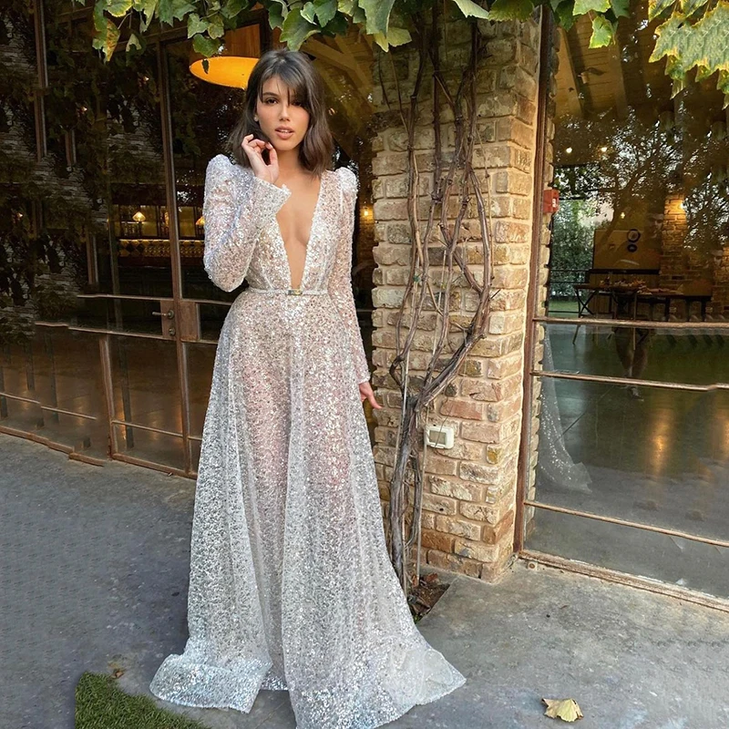 

UZN Gorgeous Silver V-Neck Long Sleeves Sequined Prom Dress New Arrival Sexy A-Line Sequins Open Back Evening Dress Plus Size