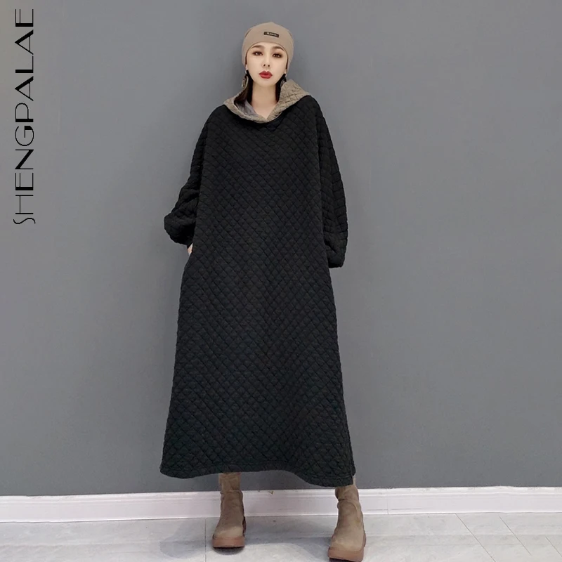 

SHENGPALAE Fashion Contrast Color Contton Padded Dress Women's Autumn 2021 New Hooded Loose Long Sleeve Mid-calf Dresses Female