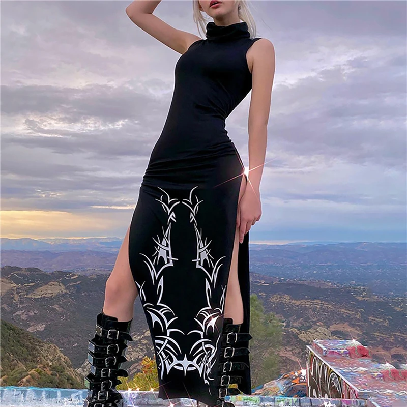 Женское длинное платье без рукавов Puloru готическое черное с высоким воротником и