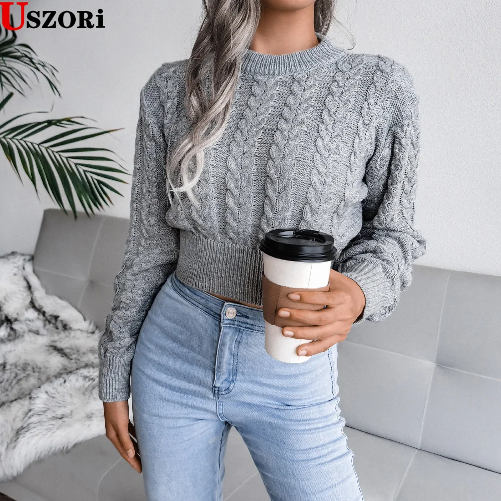 

Women Autumn And Winter 2021 Sweater Solid Color Tops Coat New Twist Waist Closing Knitted Open Navel Sweater Women's Wear