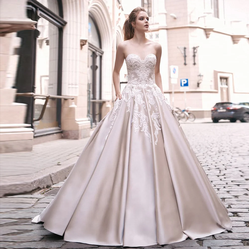 

Женское Атласное Бальное Платье Gelinlik, свадебное платье без бретелек, простое свадебное платье со шнуровкой на спине, свадебная аппликация