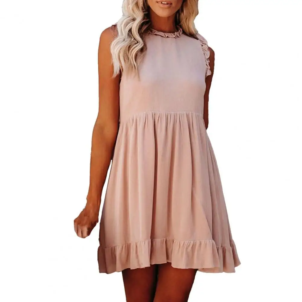 

Women Dress Ruffle Solid Color Summer Round Neck Sleeveless Skirt for Office