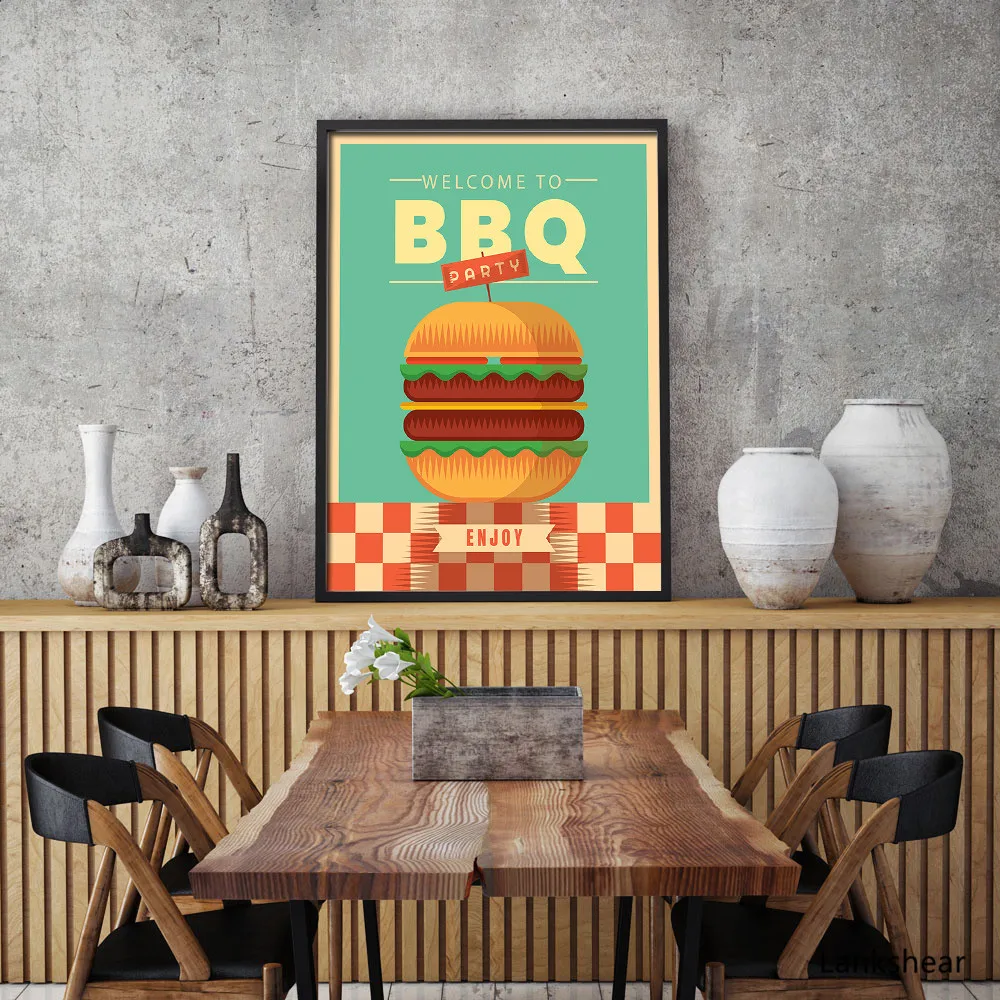 

Cartoon BBQ Posters and Prints Nordic Wall Art Canvas Painting Wall Party Sausage Hamburger Pictures Restaurant Home Decoration