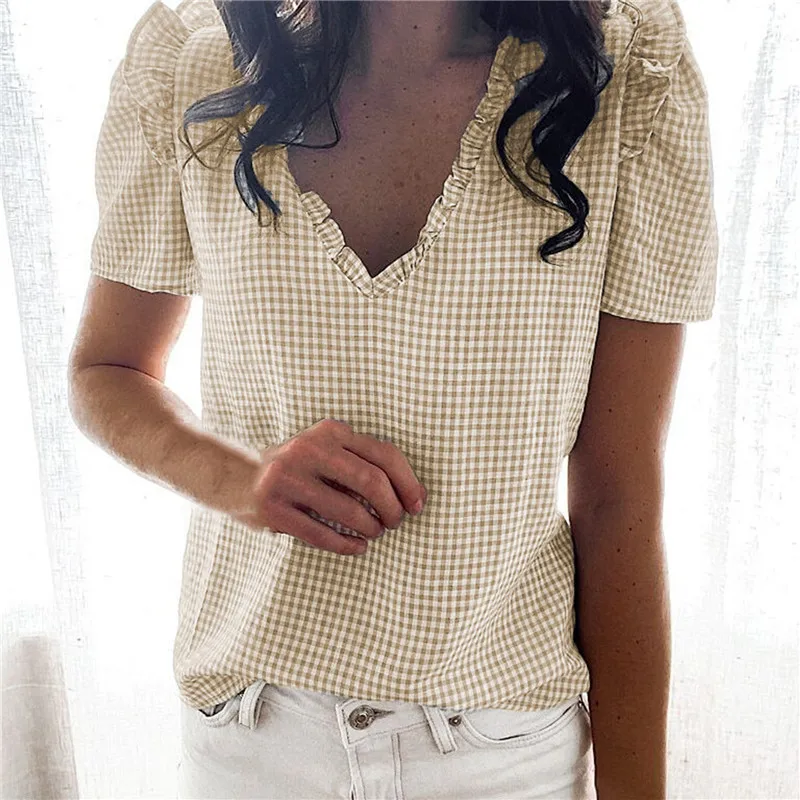 

New Casual Blouse Shirt Women Short Sleeve Ruffle Elegant Plaid Printed V-Neck Tops 2021 Summer Female Fashion Pullover Blouses