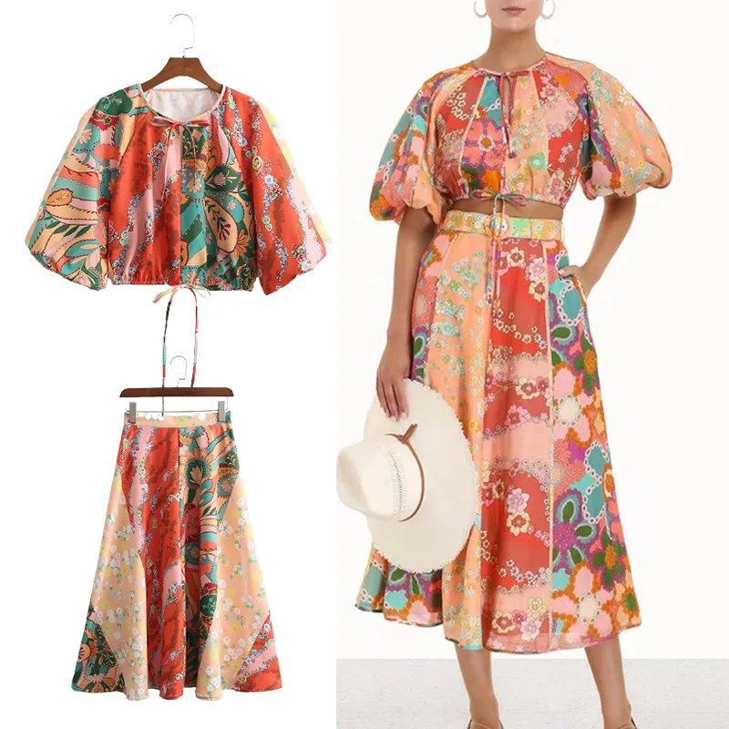 

TRAF Za 2021 Woman Sets Printed Lantern Sleeves Top Woman Casual Fashion Print Big Pendulum Skirt Women Autumn Vintage Suit