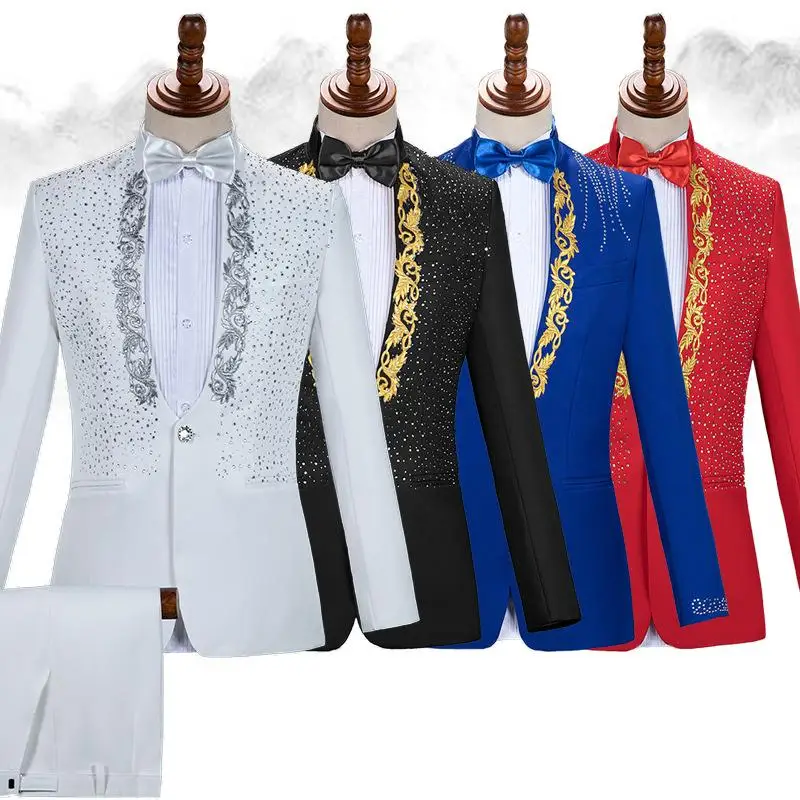 

England Style Formal Men's Suits 4 Colors Rhinestones Blazers Pants Sets Singer Host Concert Stage Outfits Wedding Party Dresses