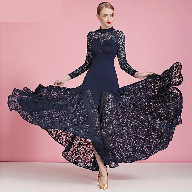 

New 2020 Navy Blue Ballroom Dance Dresses Women Waltz Dress Sexy Mesh Standard Ballroom Dress Foxtrot Costumes Rumba Long Dress