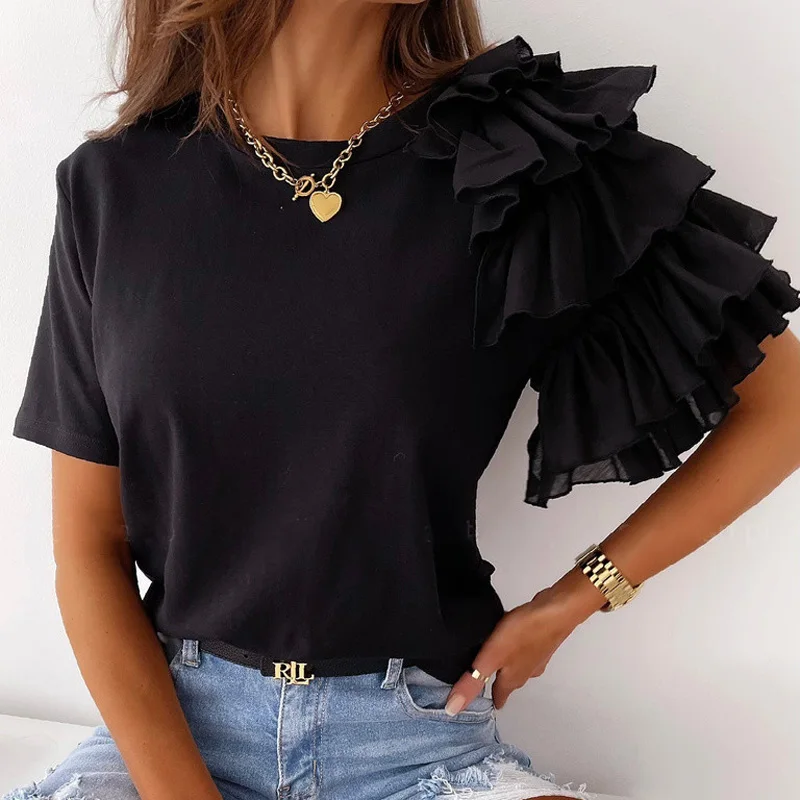 

Elegant Solid Women's Shirts Summer Fashion Cascade Ruffles Short Sleeve Tops 2021 Lady Office Simple Casual O Neck Slim Blouse