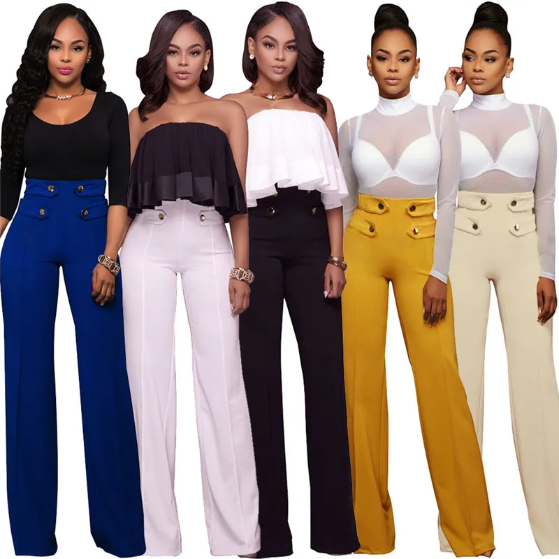 

2020 Autumn fashion Elegant Trousers Womens Straight Pants High Waist Wide Leg Pants Strech Casual Elastic Waist Trousers yellow