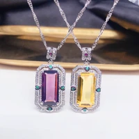 foydjew luxury brazil yellowpurple tourmaline gem pendant necklaces womens elegant amethyst rectangular necklace for women