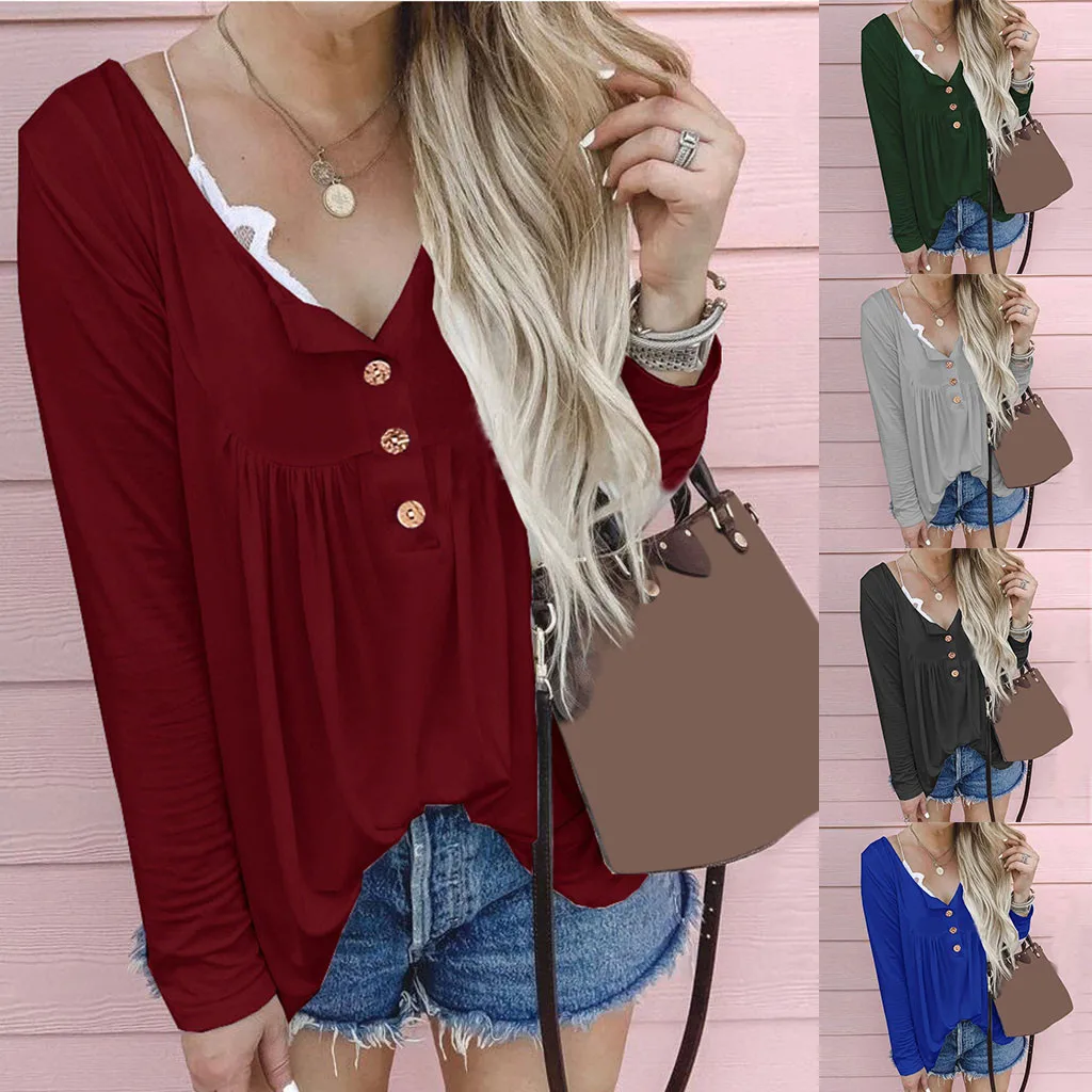 Осень Зима Женская футболка новая кнопка складки сплошной цвет с длинным рукавом
