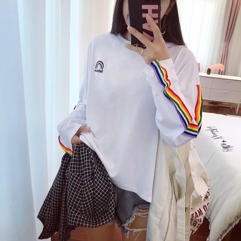 

T-shirts Rainbow Striped Kawaii Long Sleeve Soft Loose Embroidery Korean Style Women Tee Lovely Fashion Womens T-shirt All-match