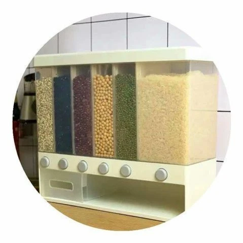 

10KG Wall Mounted Divided Rice and Cereal Dispenser 6 Moisture Proof Plastic Automatic Racks Sealed Food Storage Box