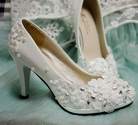 

Ivory lace woman's bridal wedding pumps shoes plus size 9CM high heels platforms bride ladies party proms dress shoes