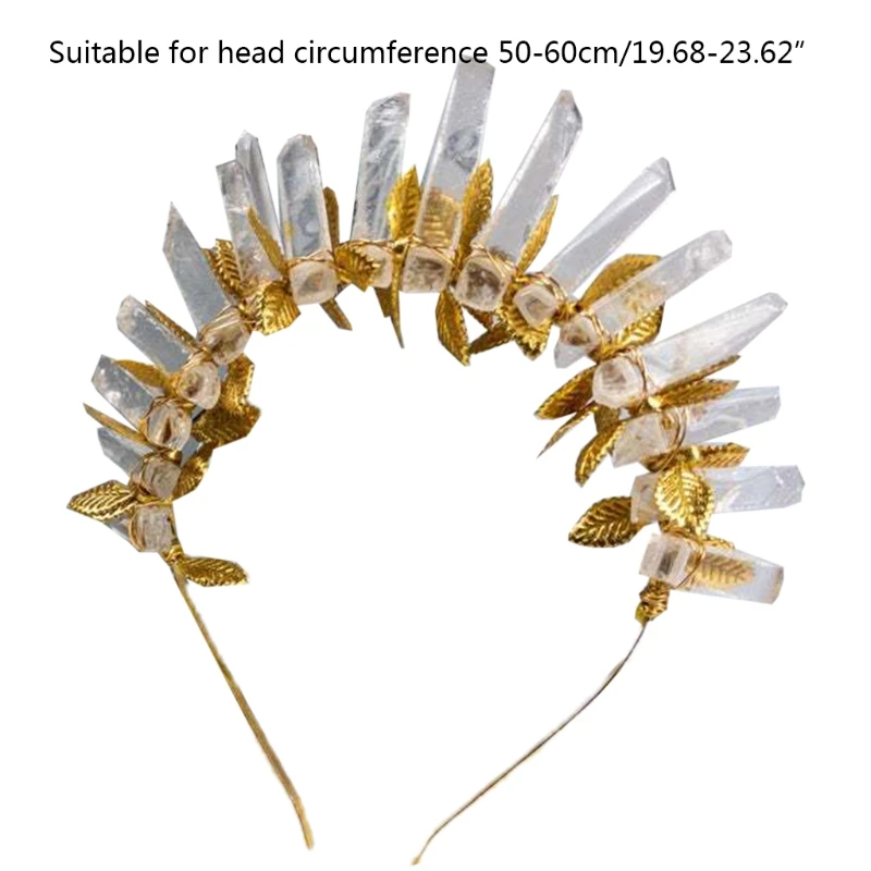 

2021 New Metal Leaf Goddess Tiara Crown Headband Raw Crystal Quartz Jewelry Halo Hairband