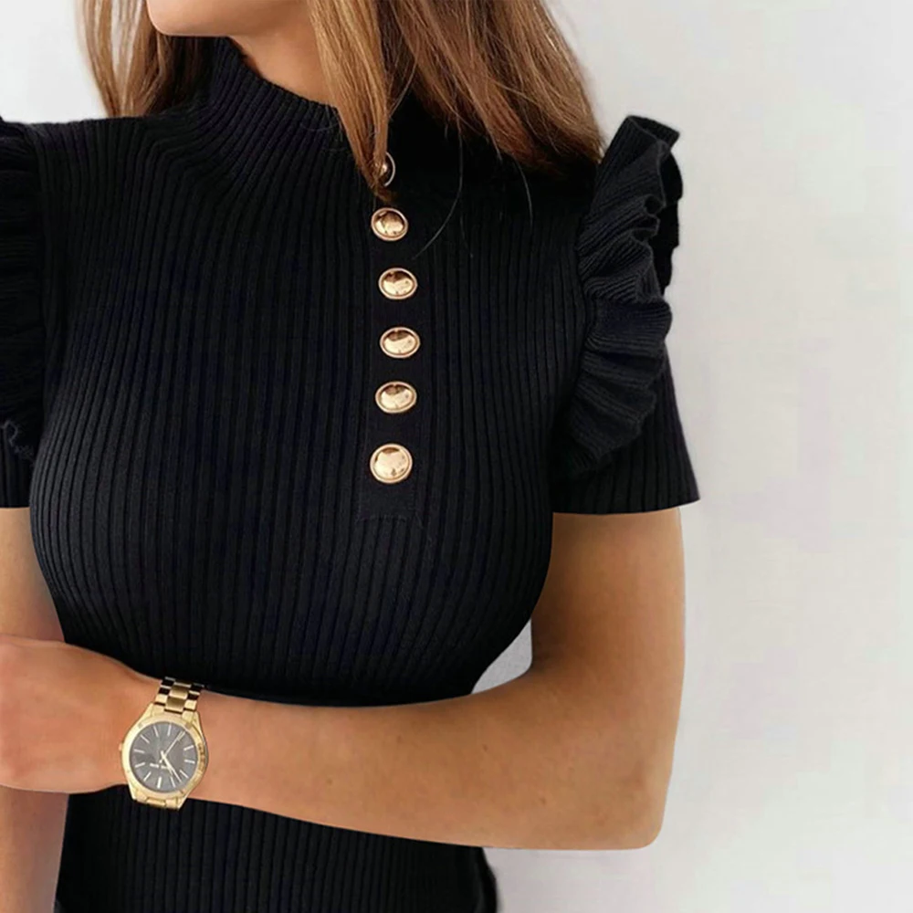 

Knitted Tops Women Button Casual Ruffles Short Sleeve T Shirt Female 2021 Skinny Summer Spring Slim Fit Tee Ladies Clothing D30