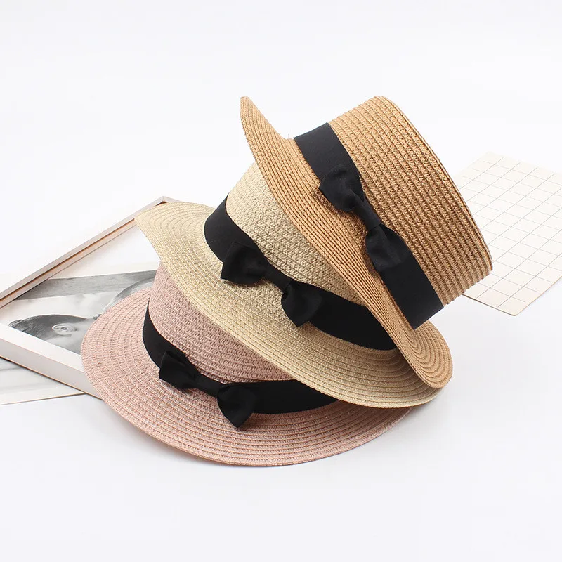 New Women Summer Sun Hat Beach Raffia Straw Female Black Bow Ribbon Cap Temperament Flat Hats Outdoor Caps 2020 | Аксессуары для